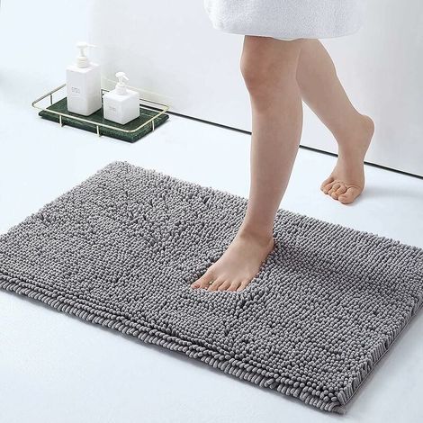 Tapis Bain Chenille Gris Clair 40x60cm Absorbant Lavable (1/4)