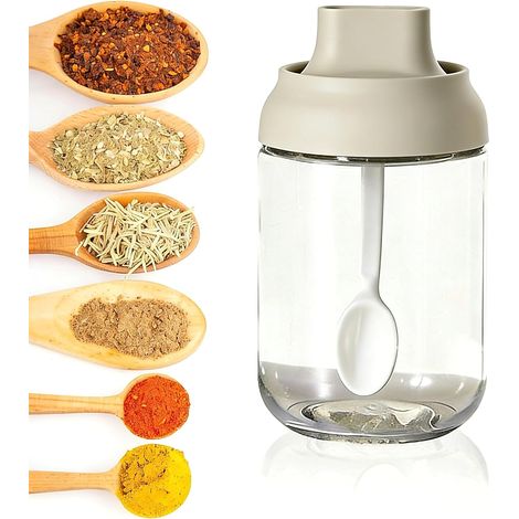 Tarro para especias con tapón de cuchara - azucarero, salero grande, 250 ml, blanco, ideal para el hogar, camping, cocina y barbacoa. (1/5)