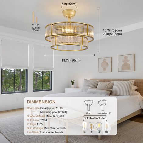 Ventilateur de plafond cristal 19 pouces avec double barre verticale, pales ABS, commande application, 6 vitesses, silencieux, doré, chambres nurseries (1/5)