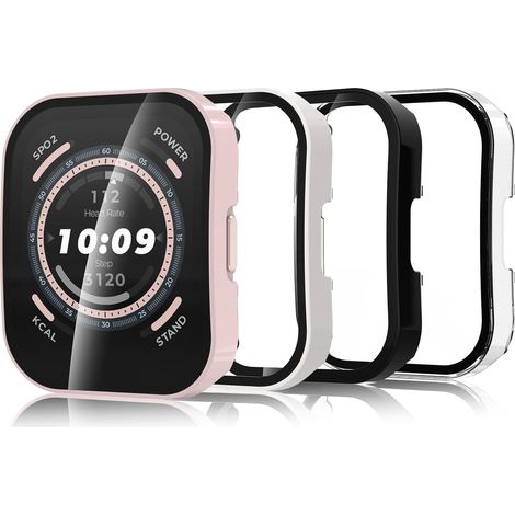 4PCS Coque Compatible avec Amazfit Bip 4 Pro, Coque Rigide en PC avec Protecteur d'écran, Coque HD avec Verre Trempé - Transparent, Noir, Rose, Couleur Starlight (1/5)