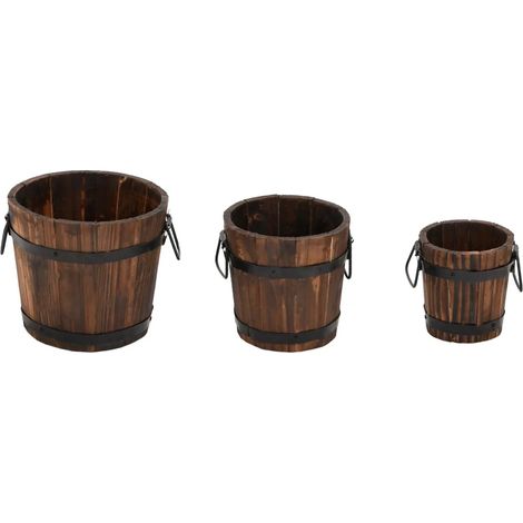 Lote de 3 jardineras tipo cubo de madera maciza de abeto de forma original decorativas con agujeros de drenaje en madera natural 020047401 (1/5)