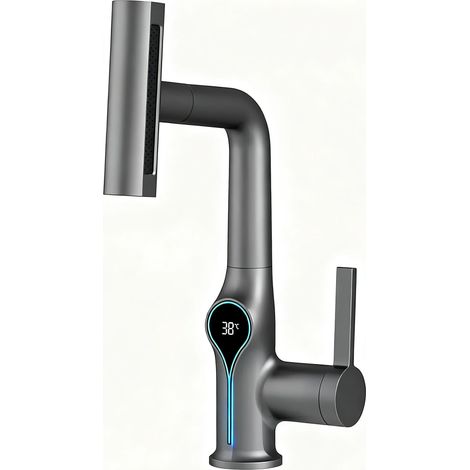 Robinet de lavabo multifonctionnel cascade (gris mat) avec mitigeur 4 jets, douchette extractible, robinet de salle de bain et de cuisine avec affichage LED intelligent. (1/5)