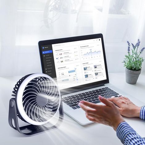 Tragbarer, leiser Mini-USB-Ventilator (blau) mit 360°-Drehung, Haken und 1800-mAh-Akku, ideal für Büro, Schlafzimmer, Zelt und mehr. (1/5)