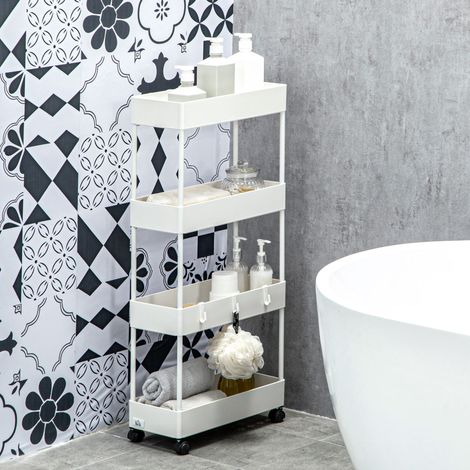 Chariot de rangement étroit à 4 niveaux avec roulettes et freins, 3 crochets amovibles, panier ventilé en métal, blanc, pour cuisine et salle de bain CHICFURN (1/5)