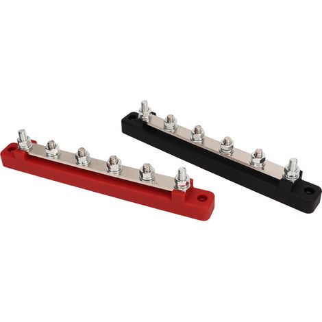 Deux blocs de distribution d'alimentation CC 12V-48V 150A, six barres omnibus de batterie M6 avec goujons, adaptés aux automobiles, camping-cars, yachts et bateaux, disponibles en noir et rouge. (1/5)