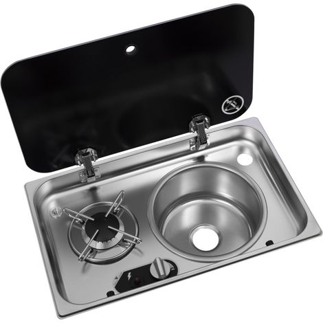 Estufa de gas de 1 fuego empotrada con tapa de acero inoxidable + fregadero a la derecha 526 × 326 - Navy Load