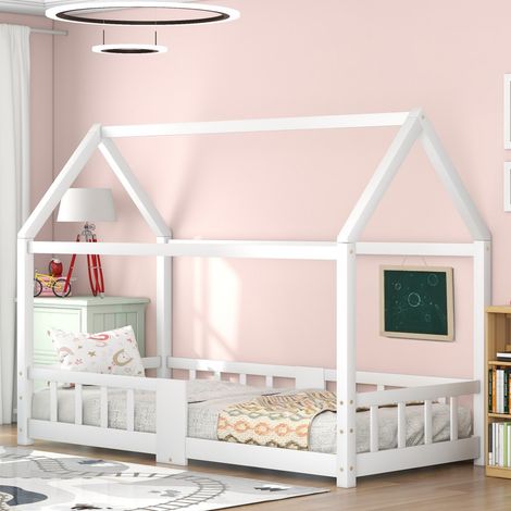 Lit Cabane Enfant 90x200 avec Tableau Noir et Sommier, Structure Pin Blanc - (Sans Matelas) (1/5)