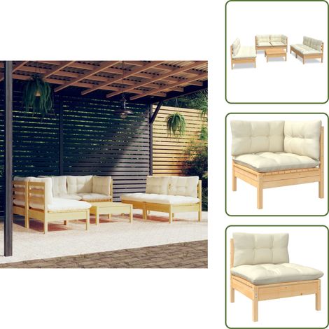 7-tlg. Garten-Lounge-Set mit Creme Kissen Massivholz Kiefer - Garten Lounge Set - Kiefernholzmöbel - Outdoor Möbel - Gartengeräte - Loungemöbel