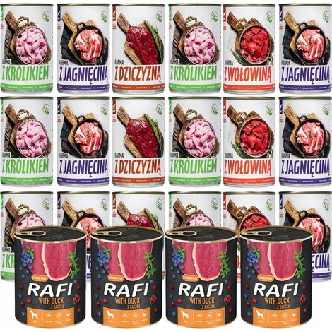 Nassfutter für Hunde, 24 x 400 g. RAFI + TUF TUF Geschmacksmischung, 9,6 kg in der Dose.