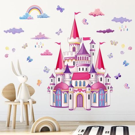 Sticker mural château coloré, arc-en-ciel papillon stickers muraux nuages pluie peler et coller décorations amovibles décor pour filles chambre enfants pépinière salon peintures murales (1/5)