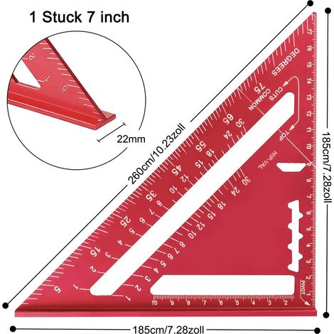 7-Zoll-Dreieckiges Lineal Winkelmesser Zimmermann, Metrischer Dreieck-Winkelmesser, Schreinerwinkel aus hochwertigem Aluminium, 90 Grad Verdicktes Dreieckslineal (Rot) (1/5)