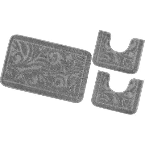 Tappeto Bagno Damascato Parure Set 3 Pezzi Morbido Soffice Assorbente Antiscivolo Lavabile - Grigio