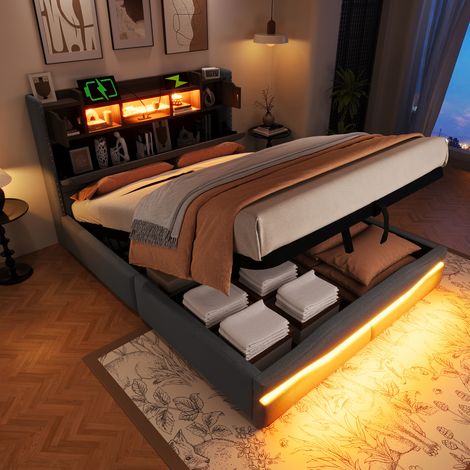 Lit coffre 140x200 cm gris avec LED sous le lit, ports USB-C, tête de lit avec rangement, sommier hydraulique, sans matelas