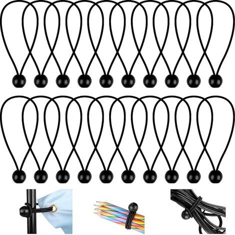 Lot de 20 tendeurs élastiques, tendeurs élastiques flexibles de 150 mm, tendeurs élastiques à boule, cordons élastiques durables, pour bannières, bâches, camping, tentes (noir) (1/5)