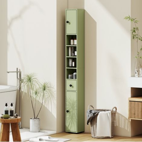 Meuble de salle de bain étroit 20 x 20 x 180 cm avec tiroir et 4 niches ouvertes, vert OKMYHOME (1/5)