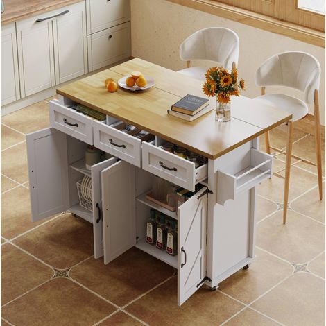 Îlot de cuisine 140x43x90.5 cm blanc et naturel en MDF avec plateau rabattable, roulettes verrouillables et rangements (1/5)