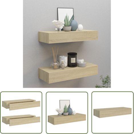 The Living Store Étagères à tiroirs murales 2 pcs chêne 60x23,5x10 cm MDF - Etagere Murale - Etageres Murales - Rangement Mural - Meuble Tv - Decoration Murale (1/5)