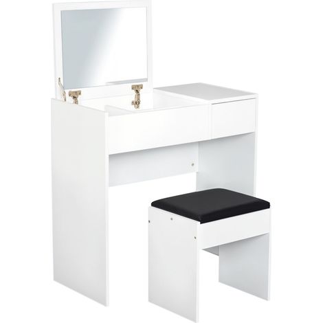 Coiffeuse avec tabouret, table de maquillage avec miroir, plateau rabattable et boîtes de rangement, 80 x 40 x 79 cm et 40 x 30 x 40 cm (1/5)
