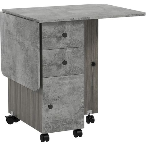Tavolo Pieghevole a Ribalta 120x60x76.5 cm con 2 Cassetti e Armadietto in Legno Effetto Cemento Grigio