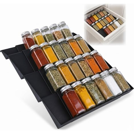 Étagères à Épices Extensibles pour Tiroir, Lot de 2 Range Épices, 30-60 cm, Organisateur Cuisine pour Placard et Plan de Travail, Support à Épices Réglable, Noir (1/5)