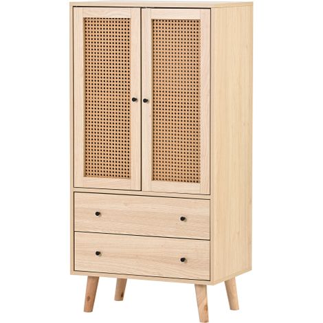 Hohes Sideboard, Wohnzimmer-Sideboard mit 2 Rattantüren und 2 Schubladen, Eiche