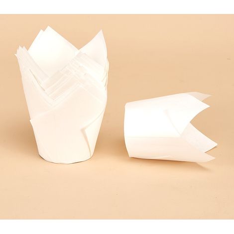 Tulpenförmige Cupcake-Förmchen, geeignet zum Backen von tulpenförmigen Muffins (weiß, 50 Förmchen pro Packung) (1/5)