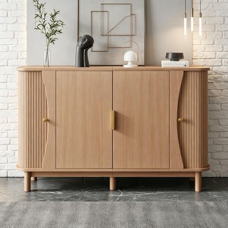 Buffet avec Portes Coulissantes à Persiennes et Étagères Réglables -Meuble de Rangement Moderne, meuble de salon Naturel, 140x40x88 cm (1/5)