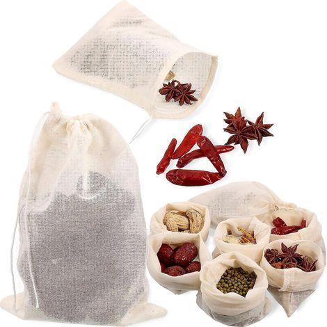 Boao Lot de 100 sachets à épices, sachets passoire en gaze, sachets à thé vides réutilisables, sachets à soupe avec cordon de serrage (10 x 15 cm) (1/5)