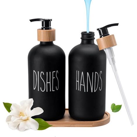 2 dispensadores de jabón de cristal elegantes - blanco y negro para baño y cocina - capacidad de 500 ml (negro) (1/5)