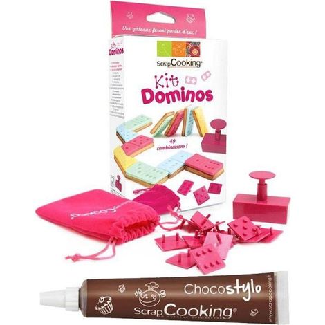Coffret kit dominos - SCRAP COOKING - Dominos biscuits & pâte à sucre - 14 tampons - Éjecteur & sac - Stylo chocolat 20 g