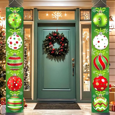 Lot de 2 décorations de porte et porche - Bannières vertes « Joyeux Noël » à suspendre, pour décoration intérieure et extérieure des fêtes Ornements festifs du Nouvel An (1/5)