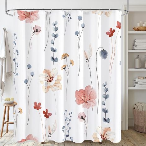 Extra langer Duschvorhang 72 x 84 cm, Badezimmervorhang aus Aquarell-Blumenstoff, korallenbeige, dekoratives Set mit Haken (1/5)