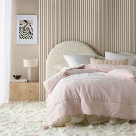 Dessus de lit 200 x 220 cm Couvre-lit 2 Personnes canape Moderne matelassage jeté de canapé, idéal comme Couvre-lit avec Franges Rose poudré (1/5)