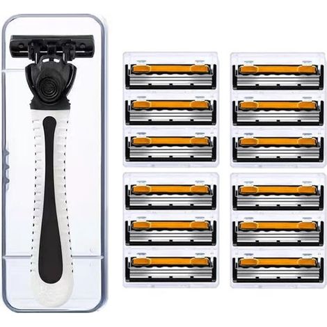 Rasoir homme 3 lames rechargeable - 12 têtes orange/noir + manche ergonomique gris pour peau normale/sensible/sèche + boîte rangement - Cadeau Noël/Fêtes/Pères/Anniversaire (Kit complet) (1/5)