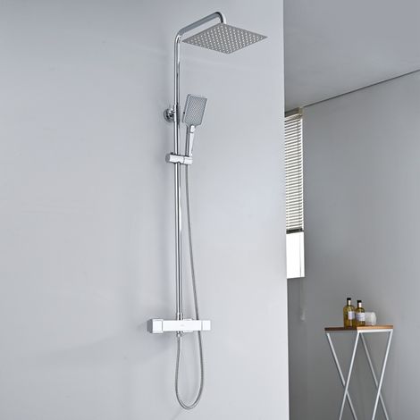 DETBOM Columna de Ducha Termostática Sistema de Ducha Cromado Elegante Conjunto de Ducha con Mezclador Termostático para Baño Cabezal de Ducha de lluvia Cuadrado