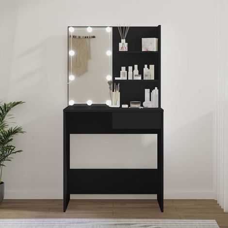 Coiffeuse avec miroir et éclairage LED noir, tiroir et 2 étagères, 74,5 x 40 x 141 cm - PANGIVO (1/5)