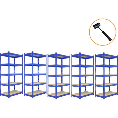 Lot de 3 Étagères 120 cm & 2 Etagères 90 cm Métal Bleu - Capacité Totale 5000KG - 200Kg /planche - Rangement Atelier Bricolage Entrepôt -Facile à Monter 100% Sans Boulons [Maillet Gratuit]