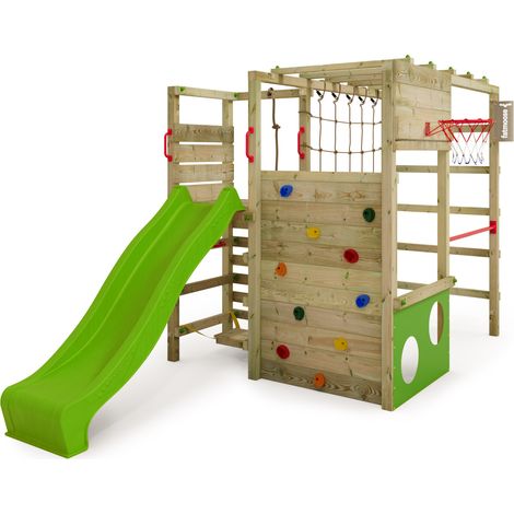 FATMOOSE Klettergerüst Spielturm ActionArena mit Rutsche, Gartenspielgerät mit Leiter & Spiel-Zubehör - Apfelgrün