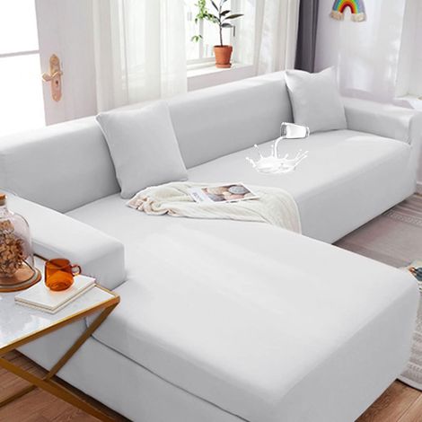 Wasserdichter, elastischer Sofabezug für L-förmiges Sofagarnitur, weicher, milchiger Seiden-Stretch-Polyesterstoff mit Kissenbezügen, weiß, für 3-Sitzer-Sofa (190–230 cm)