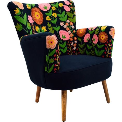 Fauteuil en coton bleu marine à fleurs brodées 83 cm