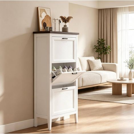 Zapatero estrecho para 12-18 pares, 3 abatibles, estantes regulables, MDF blanco (1/5)