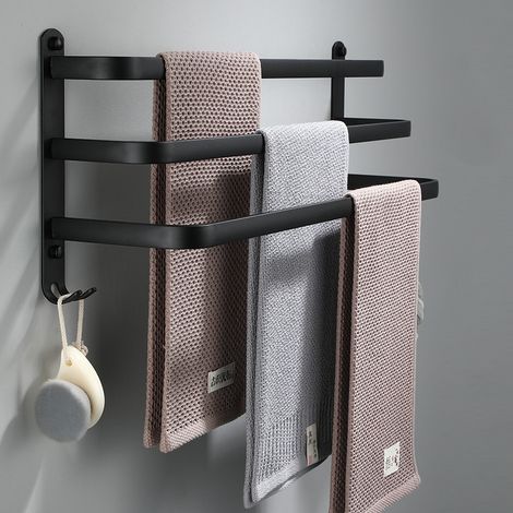 Porte-serviettes noir pour salle de bain - Barres porte-serviettes adhésives murales - Étanche avec crochet (50 cm, trois barres)
