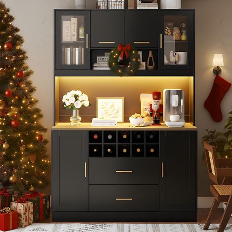 Buffet, armoire de rangement, 120x36,3x180 cm, avec éclairage LED et prises, six portes, deux grands tiroirs, noir (1/5)