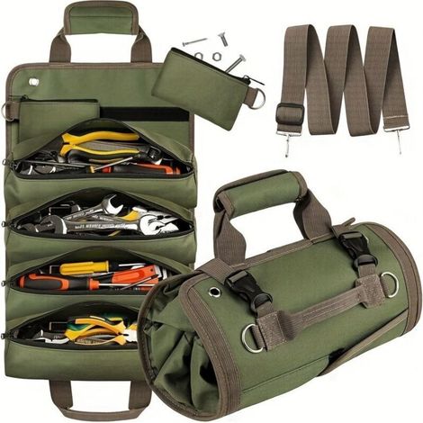 Aufrollbare Werkzeugtasche, faltbarer und tragbarer Organizer mit 2 kleinen Taschen, aufrollbare Tragetasche, olivgrün