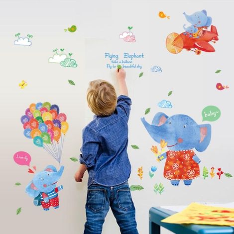 Sticker mural éléphant ballon dessin animé, décoration intérieure, papier peint autocollant (1/5)