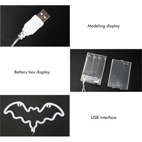Enseigne lumineuse néon chauve-souris Halloween, alimentée par batterie USB, idéale pour la décoration murale d'une chambre, d'un bar ou d'une fête. Cadeau idéal pour les enfants. (1/5)