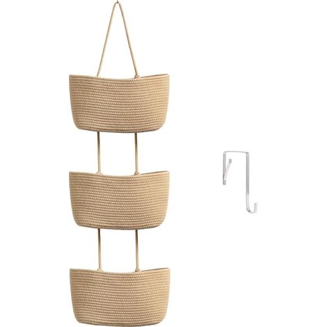 TeoKJ Panier suspendu à la porte, 3 niveaux en coton tissé, sac de rangement mural, panier de rangement décoratif à suspendre, paniers de cuisine – Kaki (1/5)