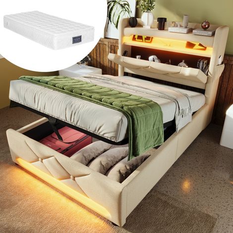 Cama con almacenaje tapizada en lino beige 90x200 cm con LED, USB, Type-C, canapé hidráulico y colchón incluido (1/5)