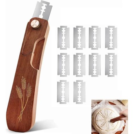 Trancheuse à pain, couteau de boulanger professionnel en pin, ensemble trancheuse à pain (comprenant 10 lames de rechange), couteau à pâte pour levain et baguettes,... (1/3)