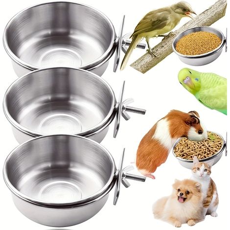 Mangeoire et abreuvoir pour oiseaux en 3 pièces, cage à oiseaux suspendue en acier inoxydable, gamelle amovible pour hamster. (1/5)